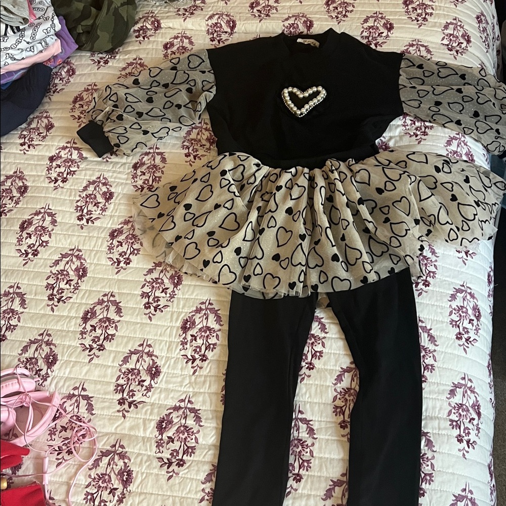 Black Dress with Heart Print and Leggings